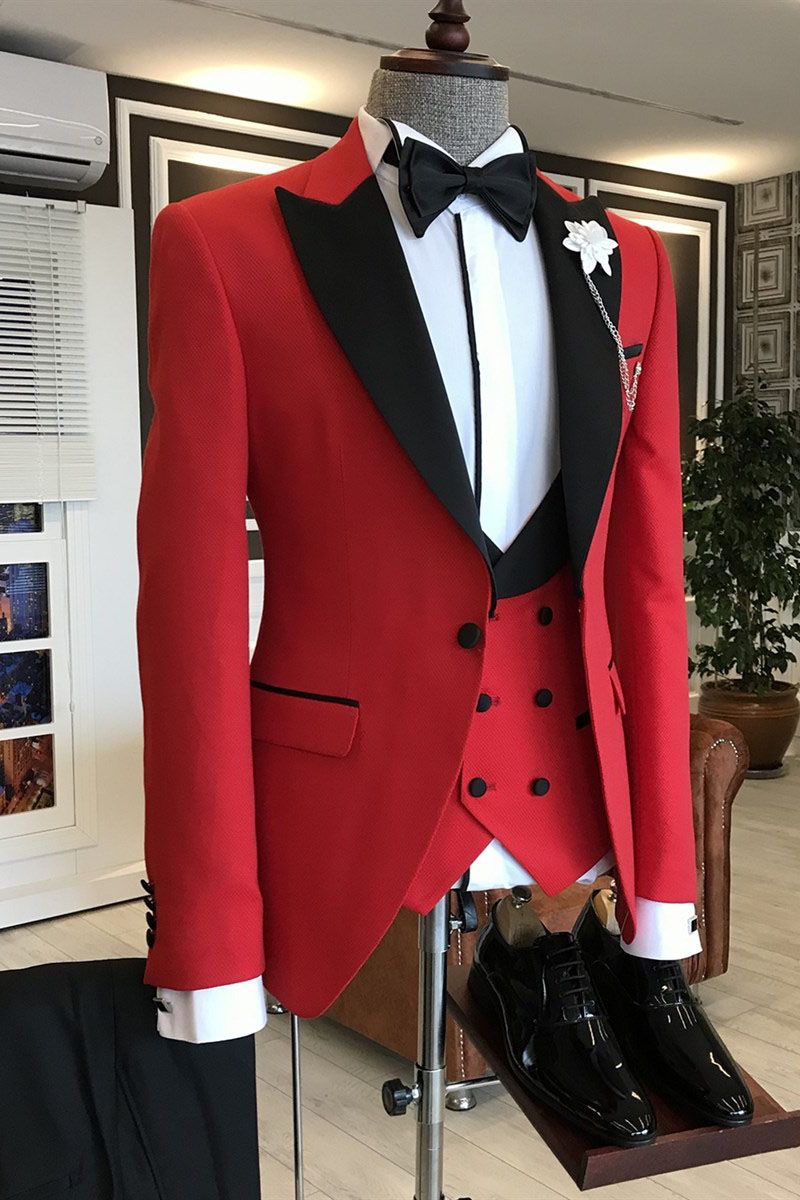 Newinlook Popular Red Three-Piece Wedding Suit with Black Peaked Lapel for