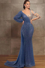 Newinlook Gorgeous V-Neck Mermaid Evening Dress Long Sleeves With Sequins Beads