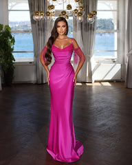Newinlook Luxury Hot Pink Spaghetti Strap Mermaid Long Evening Dress With Chic Tassels and Sequins
