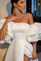 Newinlook White Off-The-Shoulder Long Evening Dress Bubble Sleeves With Slit