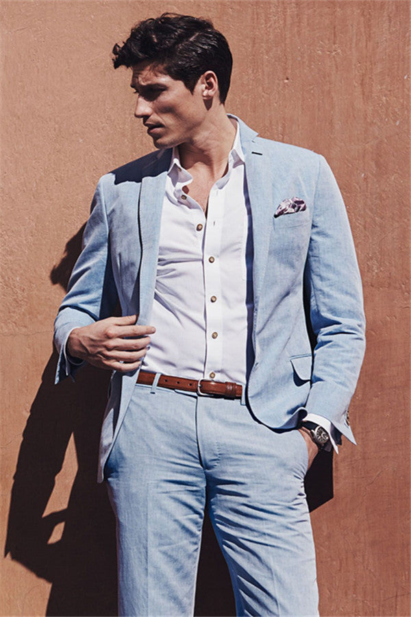 Newinlook Fashionable Sky Blue Linen Summer Beach Wedding Suit for Men’s Parties