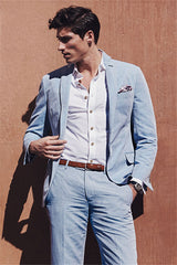 Newinlook Fashionable Sky Blue Linen Summer Beach Wedding Suit for Men’s Parties