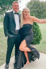 Newinlook Charming Black Strapless Split Mermaid Evening Dress With Appliques