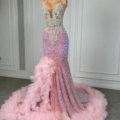 Glamorous Pink Halter Long Mermaid Formal Dresses with Sequins Beads and Tulle Ruffle