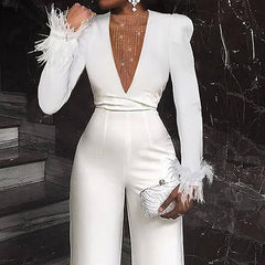 Newinlook Charming V-Neck Feather White Sequins Long Sleeves Jump Suit