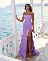 Newinlook Strapless Slit Purple Long Mermaid Evening Dress With Chic Pleats