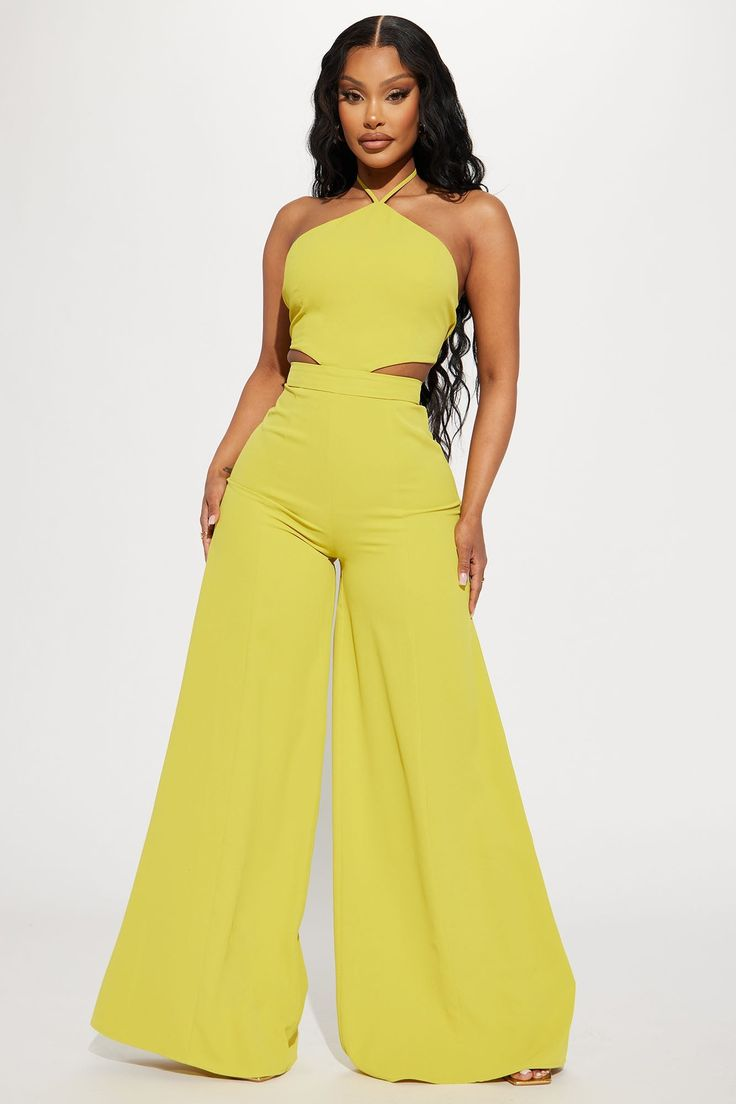 Newinlook Fashion Light Yellow Halter Strapless Wide-Leg Jump Suit