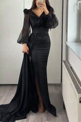 Newinlook Miable Mermaid Sequins V-Neck Long Sleeves Split Evening Dress With Ruffle