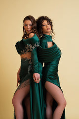 Dark Green Long Sleeves Formal Dress With Tassel High Slit Trail