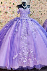 Off-Shoulder Ball Gown Sparkling Purple Sequins & Lace-Up Tulle Quinceanera Dress for Sweet 16 & Birthday Parties