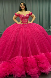 Off-Shoulder Ball Gown Hot Pink Beaded Tulle Quinceanera & Birthday Party Dress