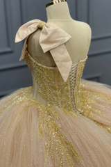 One-Shoulder Ball Gown with Beaded Bow Knot & Glitter Tiered Tulle Champagne Quinceanera & Sweet 16 Party Dress