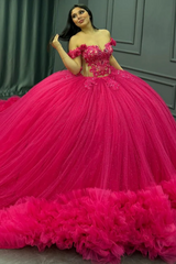 Off-Shoulder Ball Gown Hot Pink Beaded Tulle Quinceanera & Birthday Party Dress