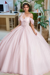 Baby Pink Tulle Quinceanera Dress Off-Shoulder Glitter Tiered Ball Gown with Floral Appliques for Sweet 16 & Birthday Parties