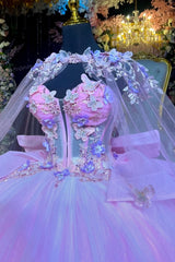 Pink Tulle Quinceanera Dress Strapless Ball Gown with 3D Butterflies Pleated Skirt & Bow Shawl for Sweet 16 & Formal Events