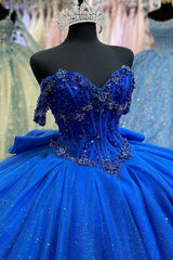 Royal Blue Off-Shoulder Ball Gown Sparkly Beaded Tulle Quinceanera Dress with Pleated Skirt & Lace-Up Back for Sweet 16 or Birthday Parties