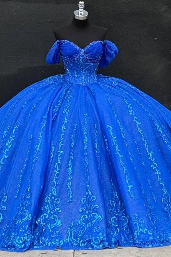 Royal Blue Beaded Ball Gown Off-Shoulder Sparkly Tulle Quinceanera Dress with Sequins & Bow Detail for Sweet 16 Evening & Formal Events
