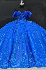 Royal Blue Beaded Ball Gown Off-Shoulder Sparkly Tulle Quinceanera Dress with Sequins & Bow Detail for Sweet 16 Evening & Formal Events