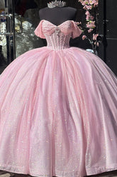 Off-Shoulder Ball Gown Beaded Pleated Tulle Quinceanera Dress for Sweet 16 & Birthday Parties