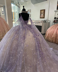 Lavender Champagne Ball Gown Sweetheart Neckline with Floral Lace Appliques & Tulle Skirt for Quinceanera Prom or Sweet 16