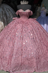 Off-Shoulder Ball Gown Sparkling Sequined Pink Tulle Quinceanera Dress with Beaded Crystal Details for Sweet 16 & Birthday Parties
