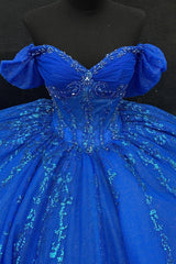 Royal Blue Beaded Ball Gown Off-Shoulder Sparkly Tulle Quinceanera Dress with Sequins & Bow Detail for Sweet 16 Evening & Formal Events