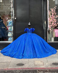 Royal Blue Beaded Ball Gown Off-Shoulder Sparkly Tulle Quinceanera Dress with Sequins & Bow Detail for Sweet 16 Evening & Formal Events
