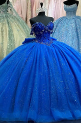 Royal Blue Off-Shoulder Ball Gown Sparkly Beaded Tulle Quinceanera Dress with Pleated Skirt & Lace-Up Back for Sweet 16 or Birthday Parties