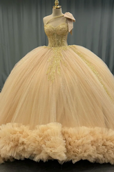 One-Shoulder Ball Gown with Beaded Bow Knot & Glitter Tiered Tulle Champagne Quinceanera & Sweet 16 Party Dress