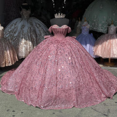 Off-Shoulder Ball Gown Sparkling Sequined Pink Tulle Quinceanera Dress with Beaded Crystal Details for Sweet 16 & Birthday Parties