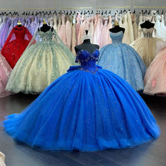 Royal Blue Off-Shoulder Ball Gown Sparkly Beaded Tulle Quinceanera Dress with Pleated Skirt & Lace-Up Back for Sweet 16 or Birthday Parties