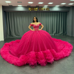 Off-Shoulder Ball Gown Hot Pink Beaded Tulle Quinceanera & Birthday Party Dress