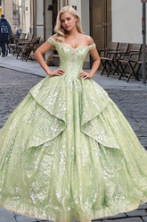 Silver & Green Beaded Ball Gown Off-Shoulder Quinceanera Dress with Tiered Ruffles & Floral Appliques