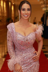 Newinlook Pink Mermaid Split Long Sleeve Evening Dress Sequins With Feather Sweetheart