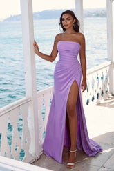 Newinlook Strapless Slit Purple Long Mermaid Evening Dress With Chic Pleats