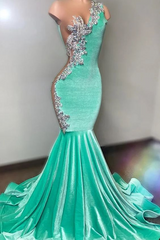 Light Blue One Shoulder Formal Dress Sliver Appliques With Trumpet
