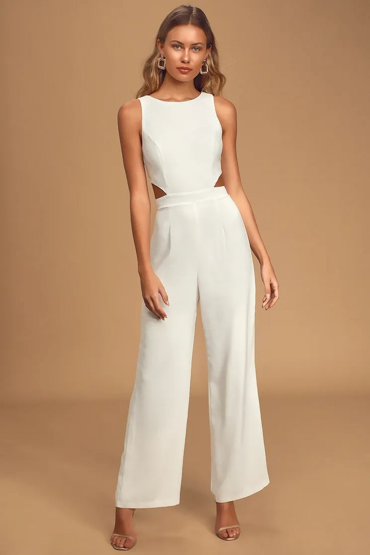 Newinlook Distinctive White Crew-Neck Wide-Leg Daily Women's Jump Suit