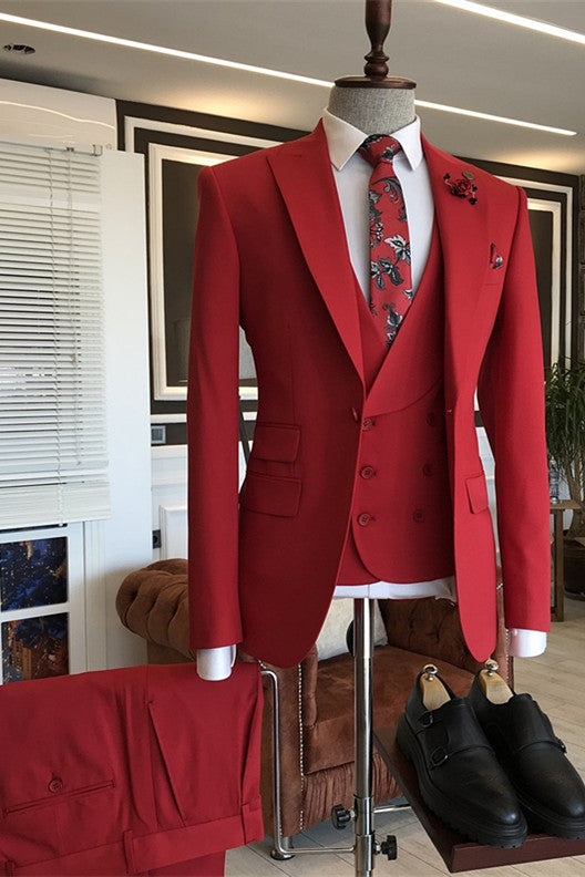 Newinlook New Red Three-Piece Suit with Peaked Lapel for Men's Wedding