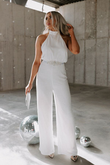 Newinlook White High-Neck Strapless Jumpsuit With Beaded Belt Jump Suit