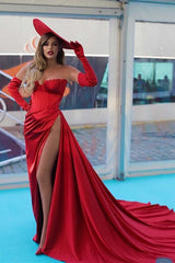 Newinlook Luxury Red Strapless Slit Long Evening Dress With Chic Gloves