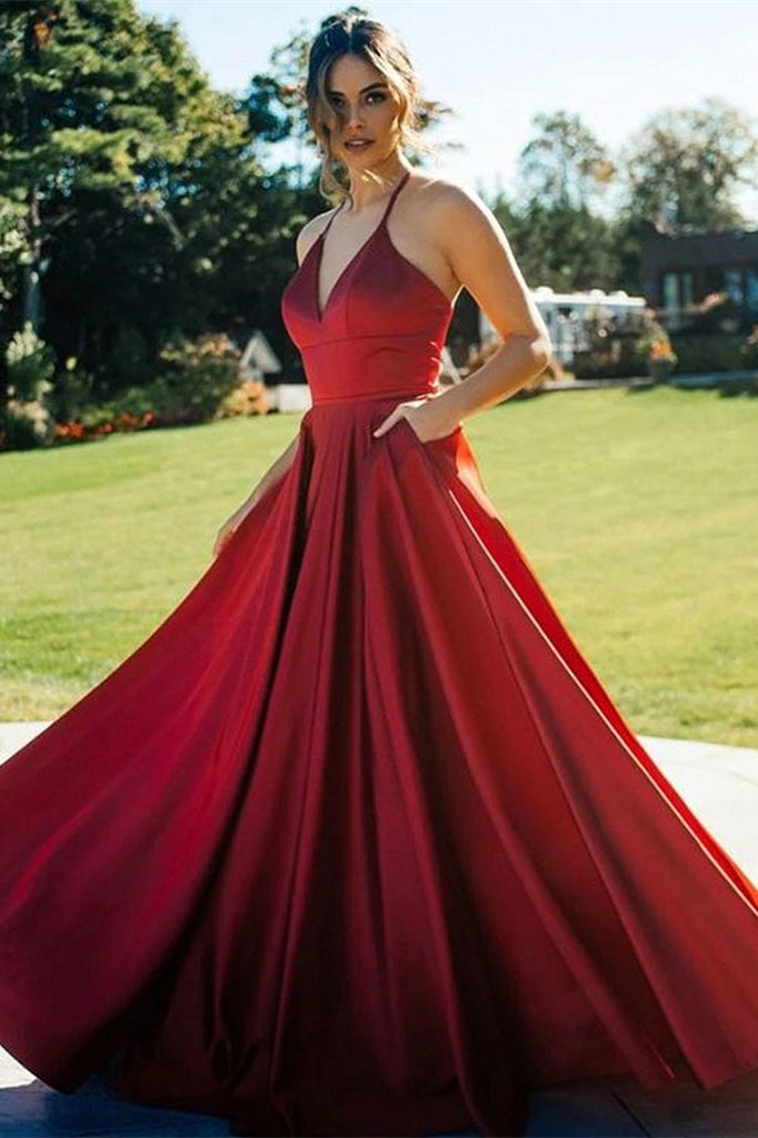 Newinlook V-Neck Evening Dress Red With Pockets