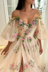 Newinlook Elegant Off-The-Shoulder Floral Embroidered Split Evening Dress With Puff Sleeves