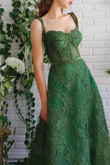Newinlook Green Emerald Spaghetti-Straps Evening Dress With Appliques A-Line Strapless