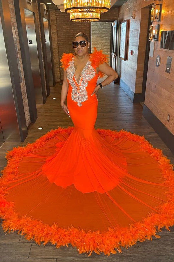 Newinlook Orange V-Neck Sleeveless Feather Evening Dress