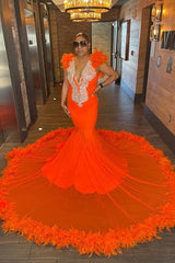Newinlook Orange V-Neck Sleeveless Feather Evening Dress