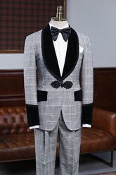 Newinlook Steward Gray Plaid Knitted Button Wedding Suit for Bridegrooms