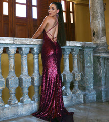 Newinlook Burgundy Sequins V-Neck Evening Dress