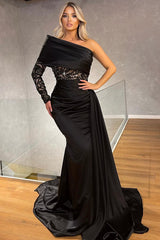 Newinlook Sexy Black One Shoulder Long Sleeve Mermaid Evening Dress Long Sequins With Ruffles