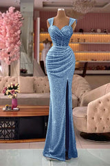 Newinlook Classic Mermaid Sequins Sweetheart Split Straps Evening Dress With Pleated