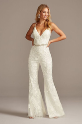 Newinlook Elegant Floral Overlay Lace Spaghetti Strap Flare Leg Wedding Jump Suit